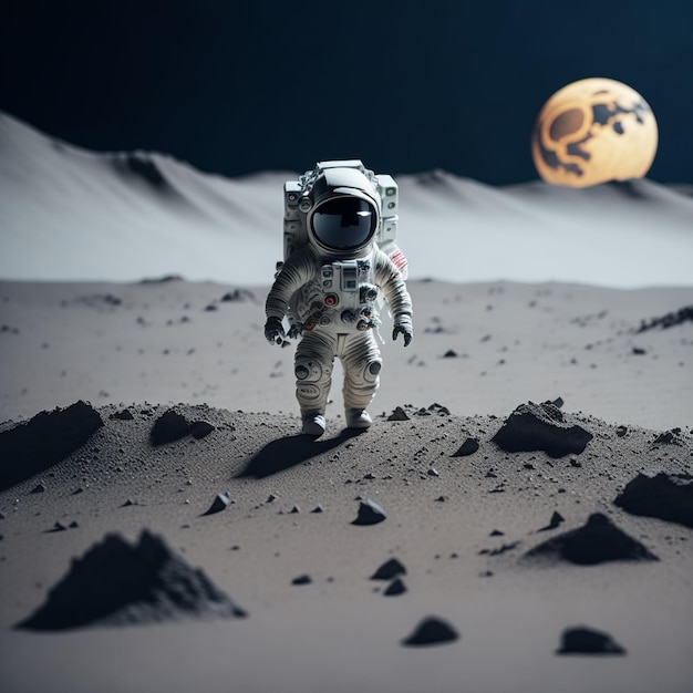 Um astronauta andando na lua com uma lua ao fundo.