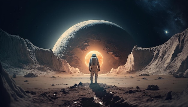 Foto um astronauta caminha na superfície do planeta em direção à lua ai gerador de imagem