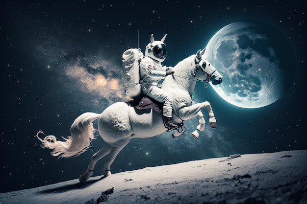 Foto um astronauta cavalgando um cavalo branco na lua generative ai