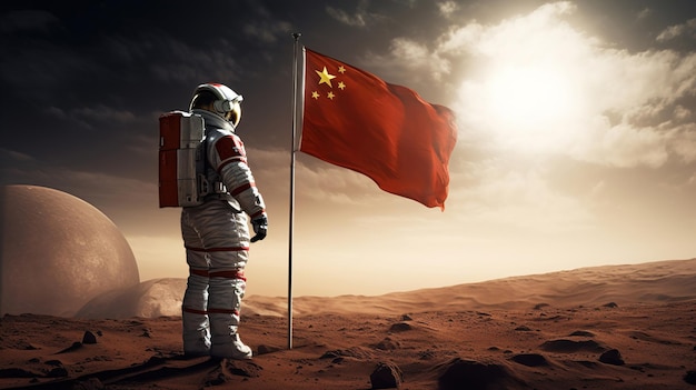 Um astronauta chinês coloca uma bandeira chinesa num planeta alienígena