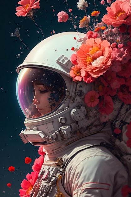 um astronauta com capacete de explosão de flores