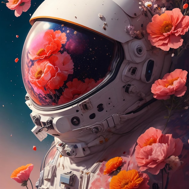 um astronauta com capacete de explosão de flores