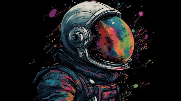 Um astronauta com um capacete colorido do arco-íris