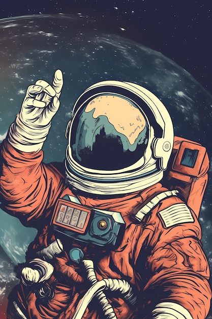 Um astronauta com um dedo a apontar para cima.