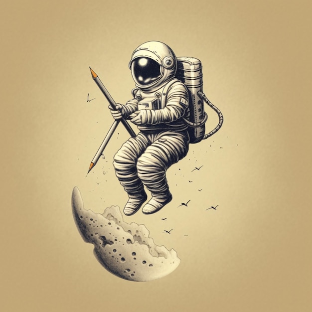 Um astronauta com um lápis e um lápis na mão a voar sobre a lua.