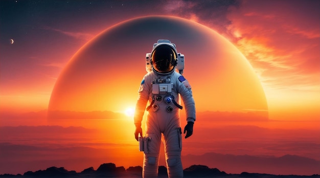 Um astronauta com um planeta e um pôr-do-sol no fundo IA generativa