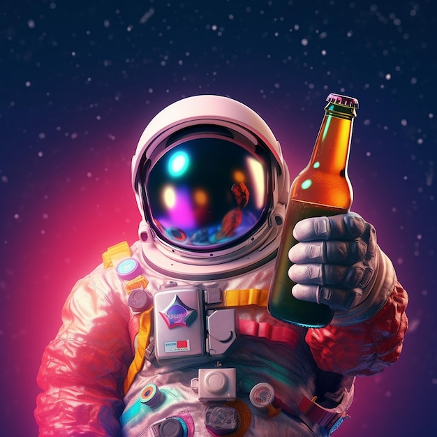 um astronauta com uma garrafa de cerveja na mão e uma garrafade cerveja ao fundo.