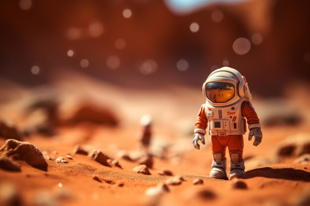 Foto um astronauta de brinquedo na superfície de marte com uma nave espacial ao fundo k bokeh documentário