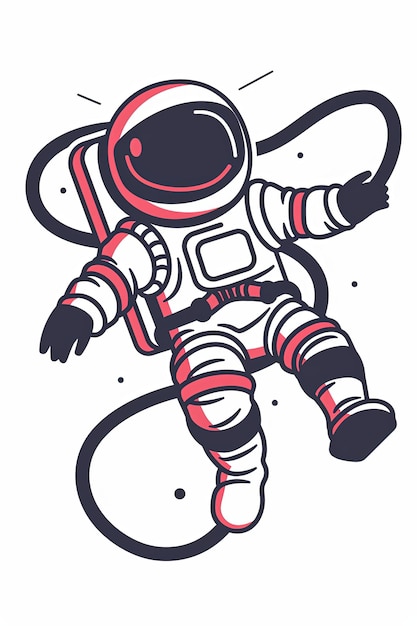 Um astronauta de desenho animado está flutuando no espaço com uma corda vermelha e azul