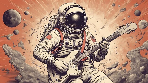 Foto um astronauta de estilo retro grooving ao ritmo de uma ilustração de canção de rock clássica