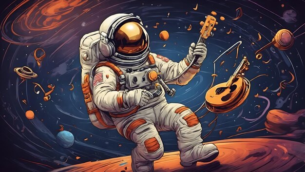 Um astronauta de estilo retro grooving ao ritmo de uma ilustração de canção de rock clássica