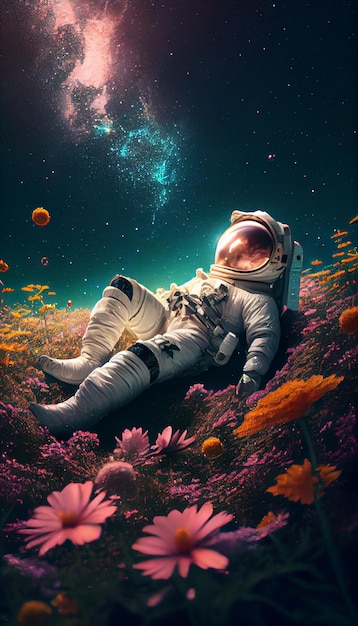 Um astronauta deitado em um campo de flores