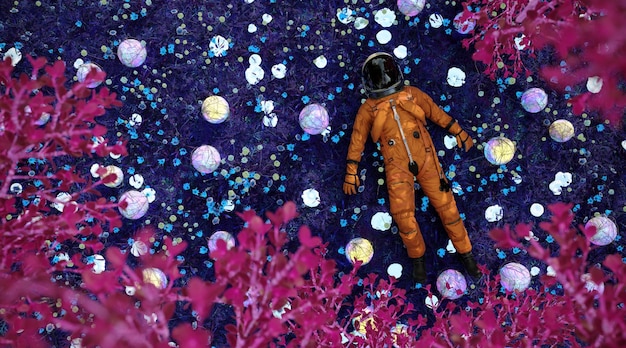 Um astronauta deitado no chão do planeta alienígena e relaxante renderização em 3d