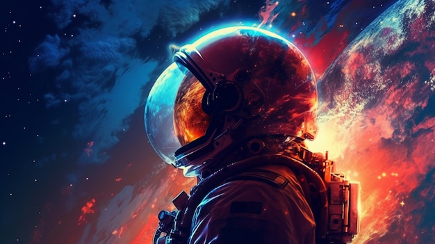 Um astronauta em frente a um planeta com fundo azul e vermelho.