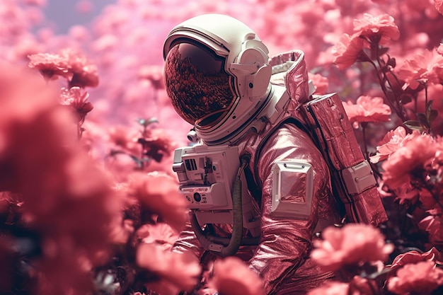 um astronauta em um campo de flores cercado por flores cor de rosa