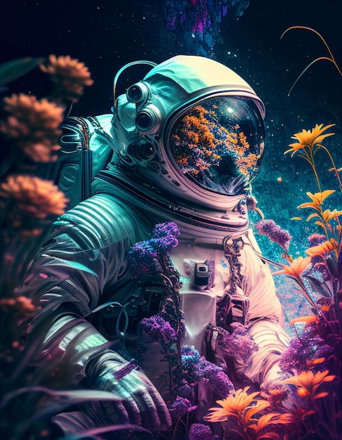 Um astronauta em um campo de flores debaixo d'água