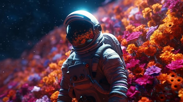 Um astronauta em um campo de flores