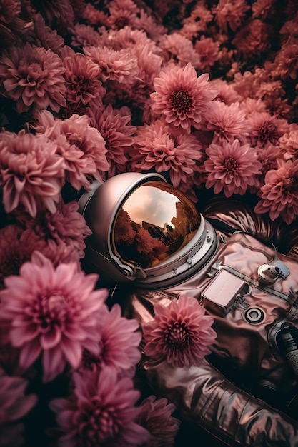 Um astronauta em um campo de flores