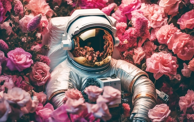 Um astronauta em um canteiro de flores