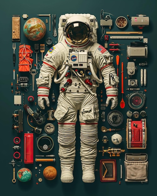 um astronauta em um fato espacial cercado por várias ferramentas