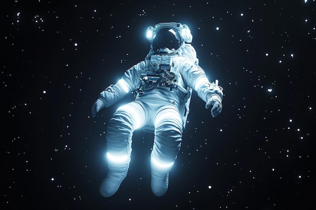 Um astronauta em um fato espacial flutua sem peso na vasta extensão do espaço Crie um astronauta luminescente flutuando em um vácuo preto do espaço vestindo um fato espacial branco refletor AI Gerado