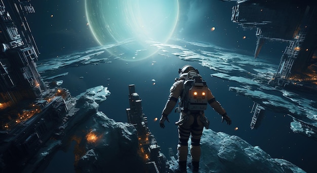 Um astronauta em um planeta alienígena em frente à luz da exploração do portal do espaço-tempo