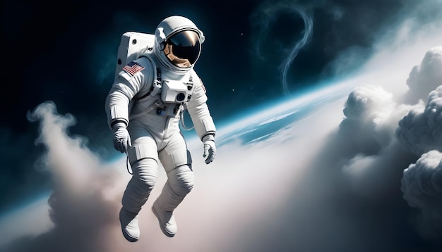 Um astronauta em um terno espacial branco comemora o Dia do Voo Espacial Humano 12 de abril