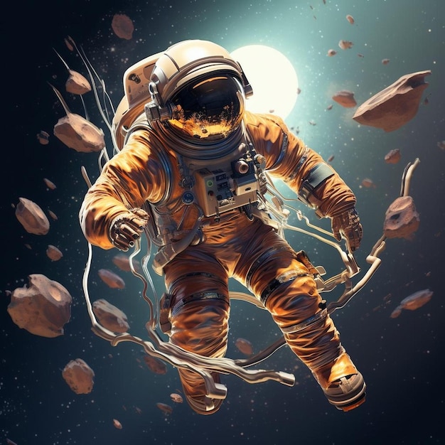 Um astronauta em um terno espacial de astronauta está flutuando no espaço.