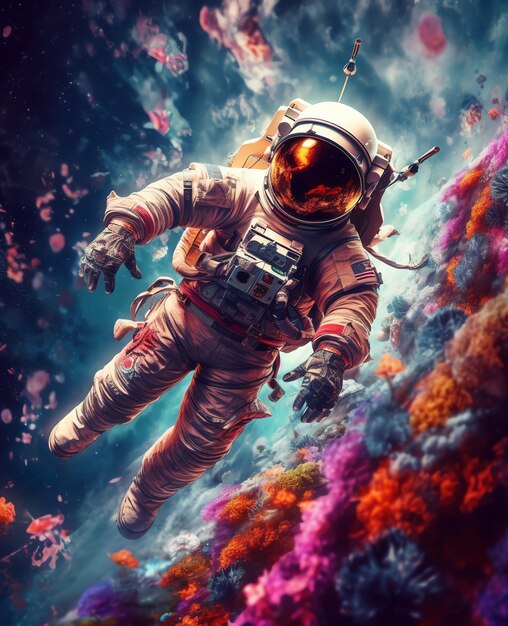 Um astronauta em um terno espacial no espaço e flores Um astronauta engraçado e engraçado no estilo de desenho animado