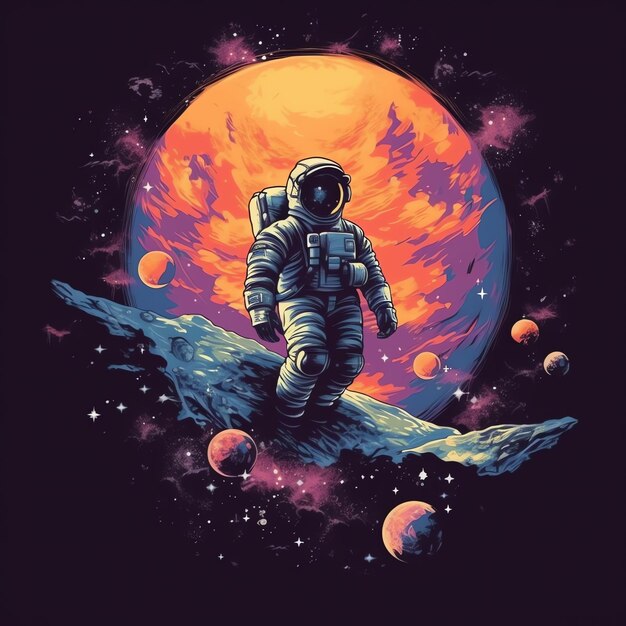 Um astronauta em um terno espacial no espaço e flores Um astronauta engraçado e engraçado no estilo de desenho animado