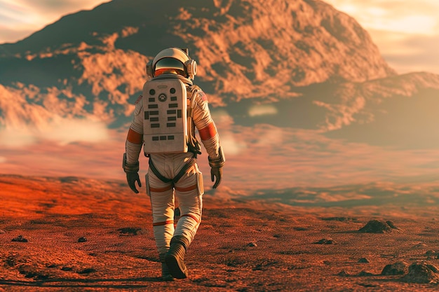 Foto um astronauta em um traje espacial caminha ao redor do planeta vermelho e estuda suas montanhas e desertos
