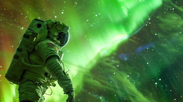 Um astronauta em um traje espacial com um capacete verde e branco está em um planeta com uma aurora verde ao fundo