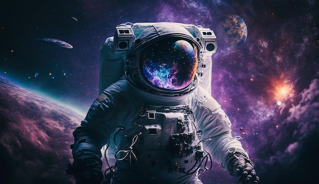 Um astronauta em um traje espacial com um fundo roxo e planetas ao fundo.