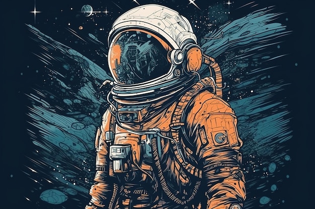 Um astronauta em um traje espacial com um planeta ao fundo.