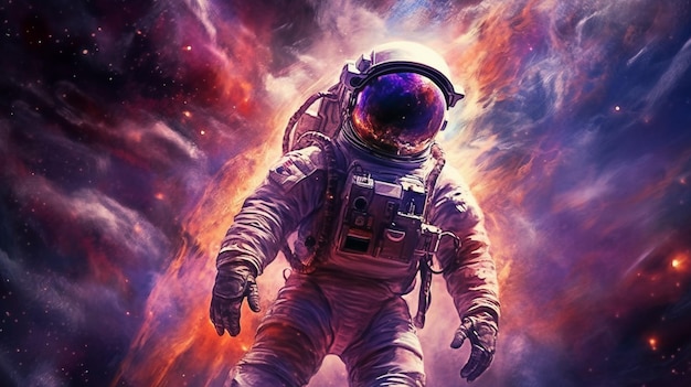 Um astronauta em um traje espacial com uma nebulosa ao fundo.