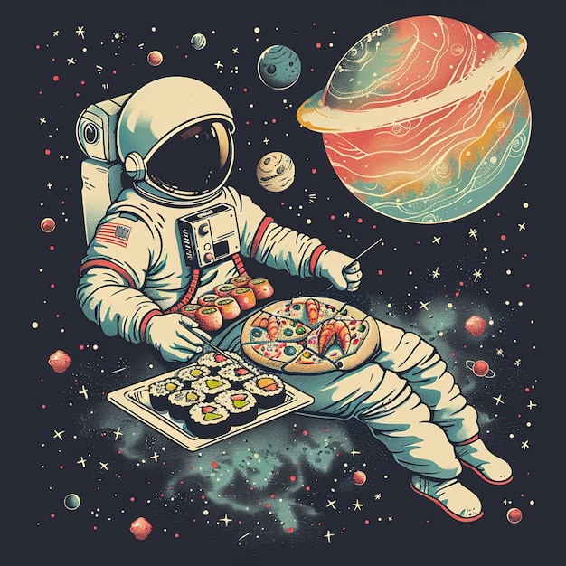 um astronauta em um traje espacial de astronautas está segurando uma pizza