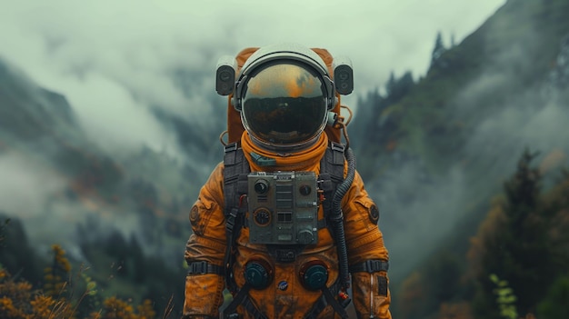 Um astronauta em um traje espacial laranja da União Soviética está no centro do quadro em meio a uma paisagem japonesa Olha para a câmera Névoa noturna Luz suave Sombros pastel Fotorealismo IA Generativo