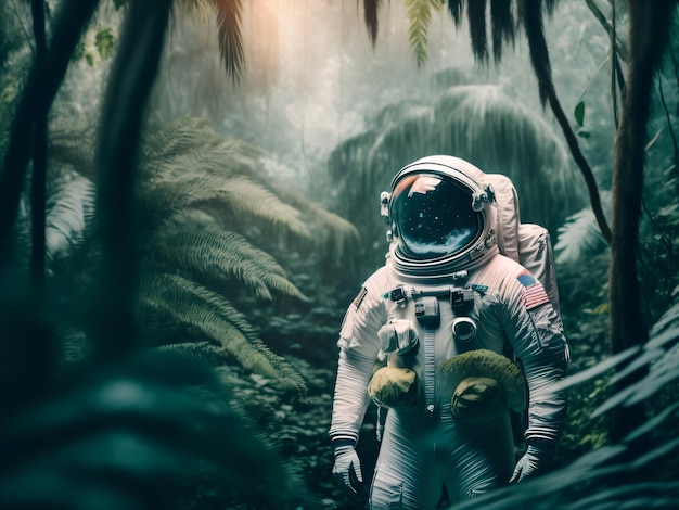 Foto um astronauta em uma selva com um ursinho de pelúcia no peito