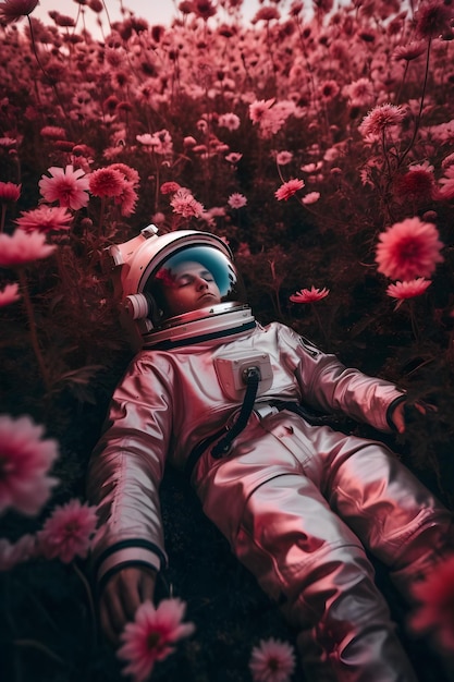 Um astronauta encontra-se em um campo de flores.