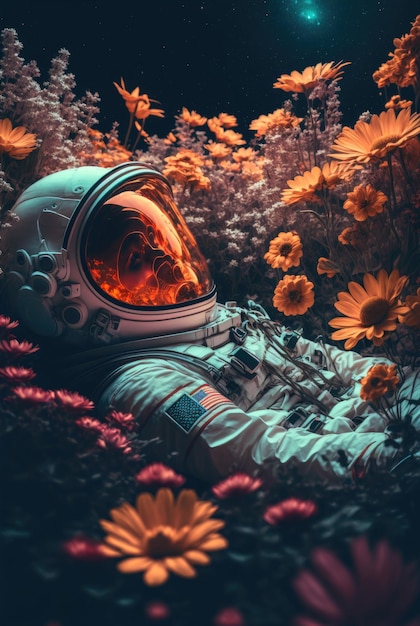 Um astronauta encontra-se em um campo de flores.