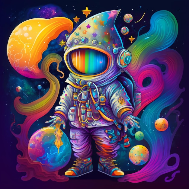 Um astronauta espacial colorido com um capacete colorido arco-íris.