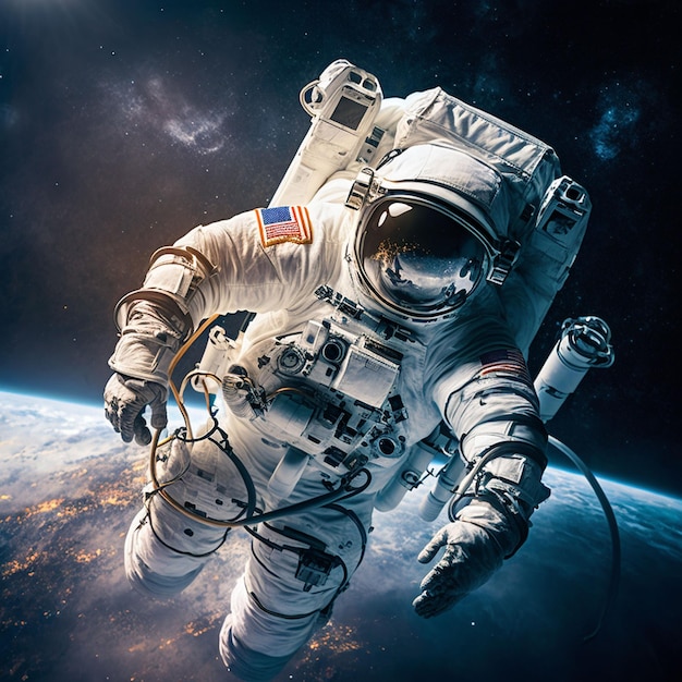 Um astronauta está em um traje espacial e tem a palavra espaço nele.