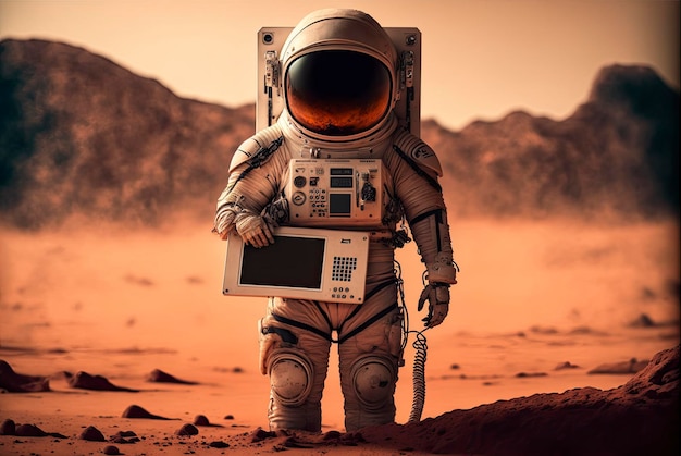Um astronauta está na frente de um planeta vermelho com uma tela de computador que diz marte nele.