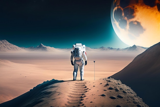 Um astronauta está na superfície da lua