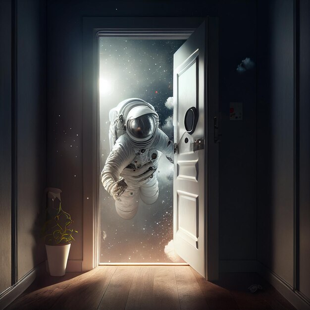 Um astronauta está saindo de uma porta em um quarto escuro.