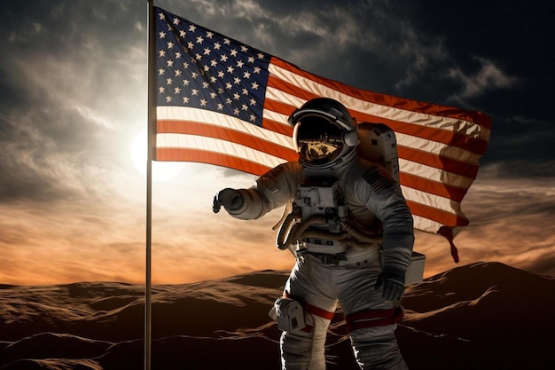 um astronauta está segurando uma bandeira em frente ao pôr do sol.