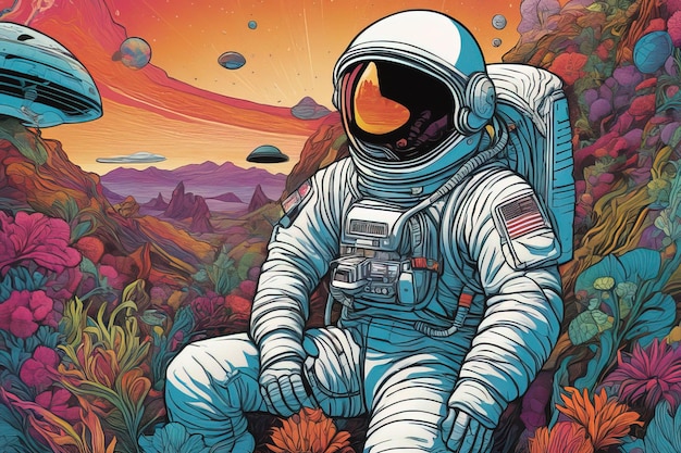 um astronauta está sentado em um planeta com uma linha vermelha ao fundo.