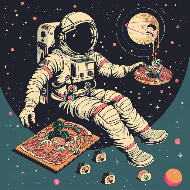 um astronauta está sentado em uma pizza com uma pizza nele