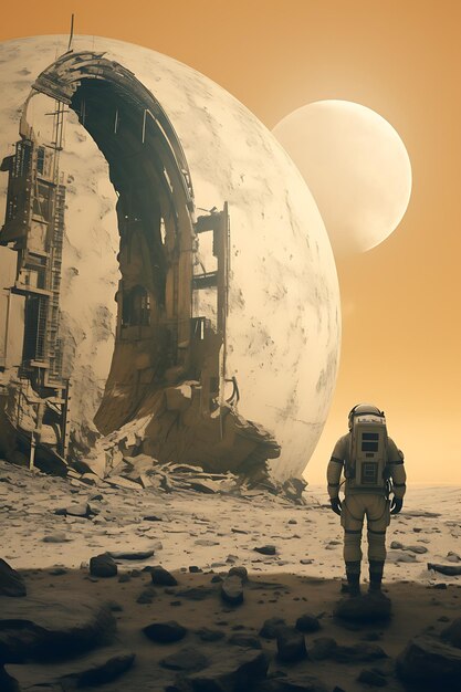 Um astronauta explorando uma colossal ruína alienígena antiga em um planeta distante foto realista