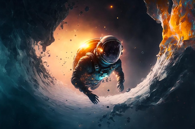 Um astronauta flutuando em um espaço escuro